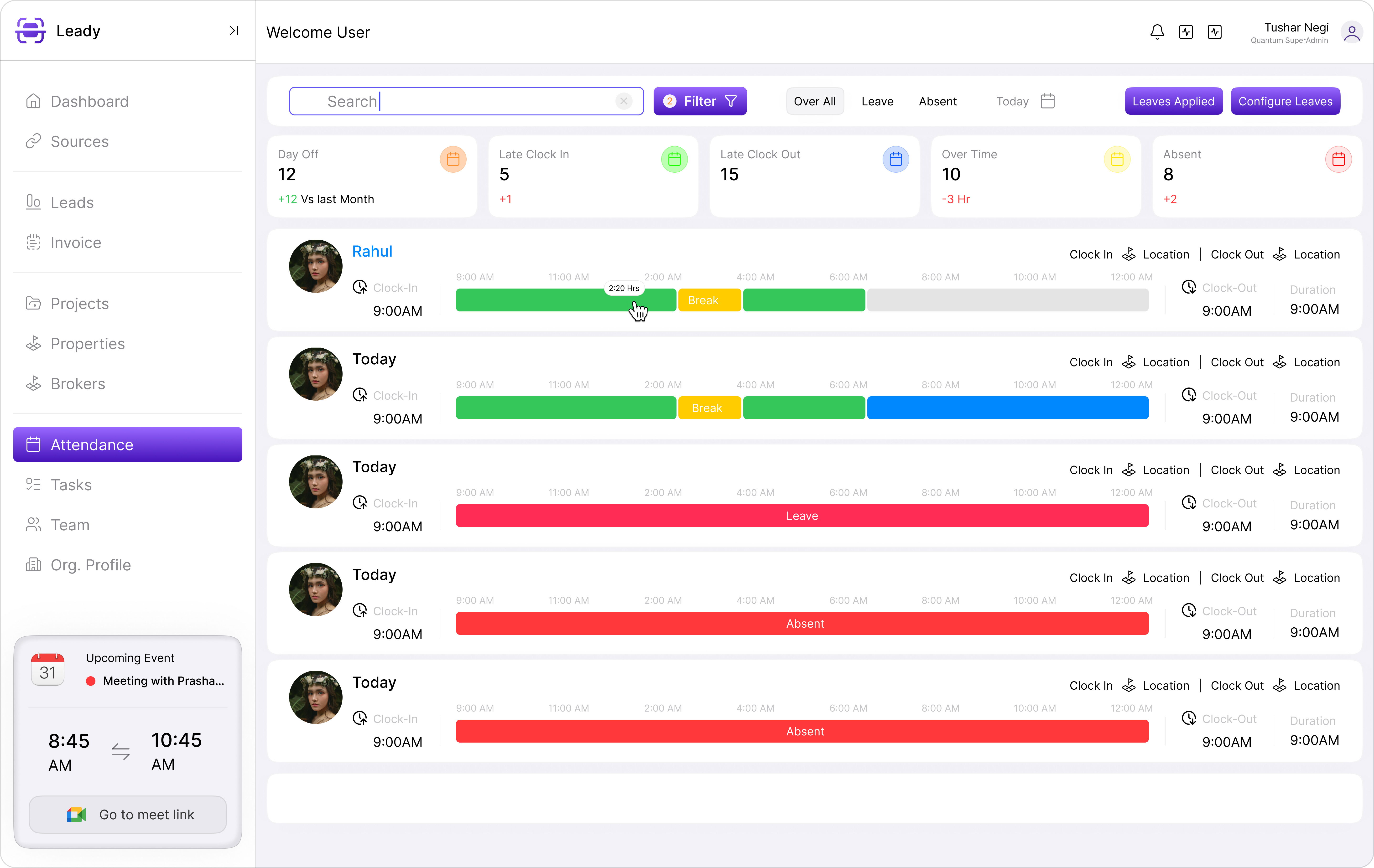 Attendance management dashboard
